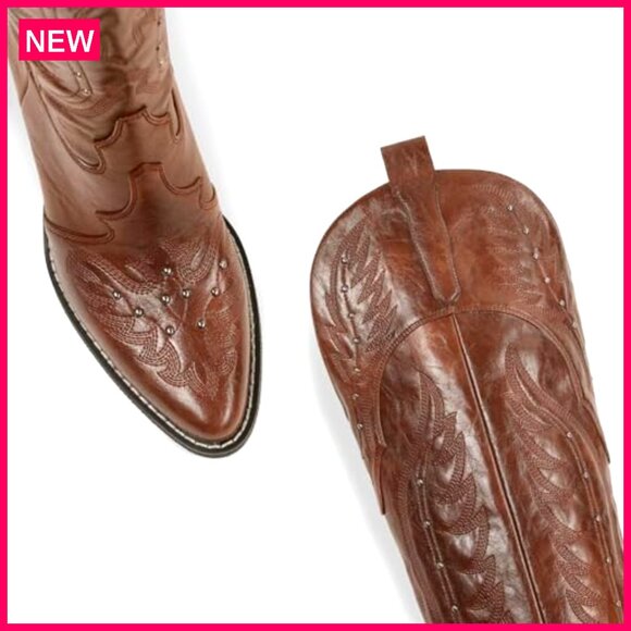 Women's Embroidered Over Knee Cowboy Boots Chunky Heel Pointed Toe - Picture 3 of 7